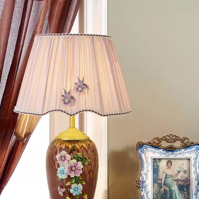 Traditional Chinese Enamel Glass Vase Base Pleated Fabric Shade 1-Light Table Lamp For Bedroom