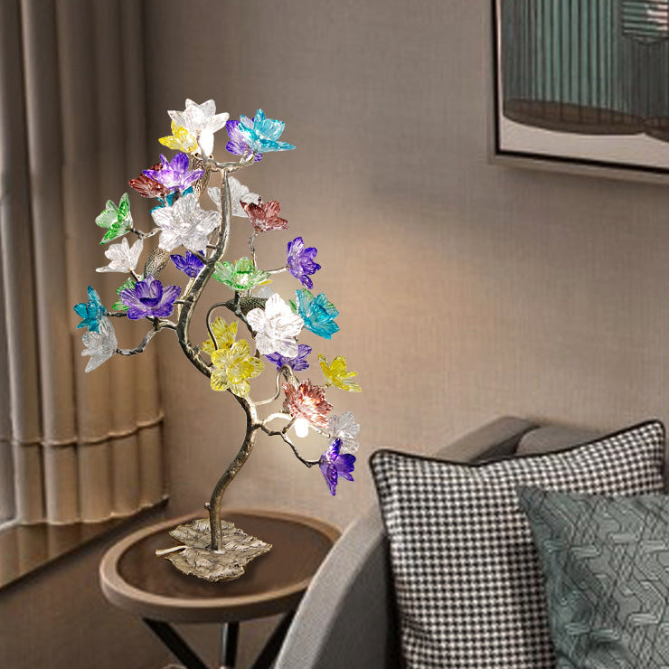 Contemporary Creative Crystal Glass Flower Shade Maple Leaf Copper Base 4-Light Table Lamp For Home Office