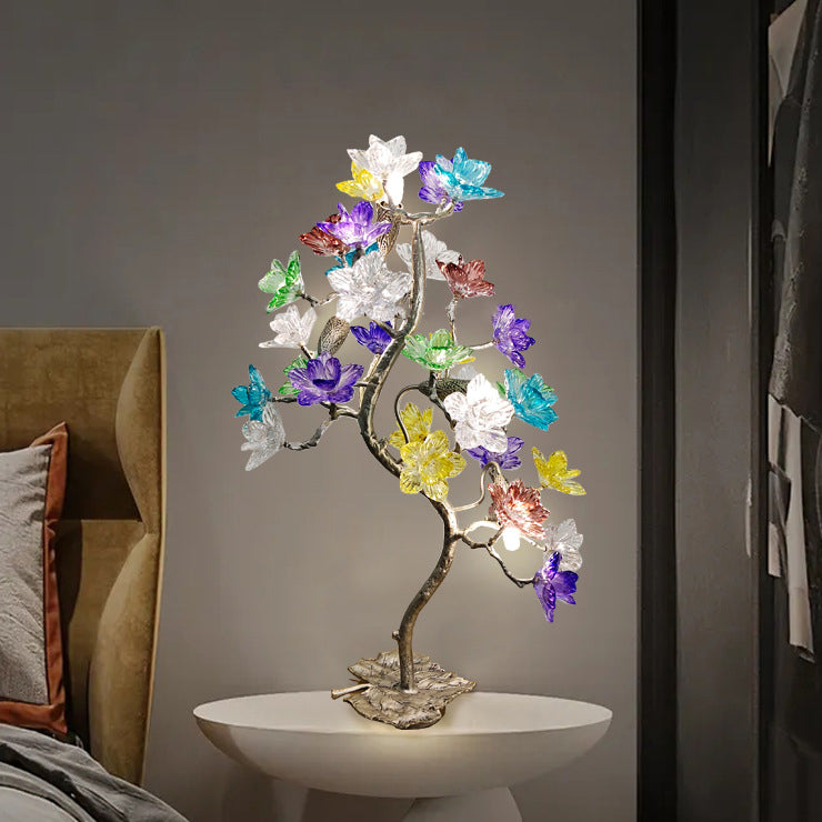 Contemporary Creative Crystal Glass Flower Shade Maple Leaf Copper Base 4-Light Table Lamp For Home Office