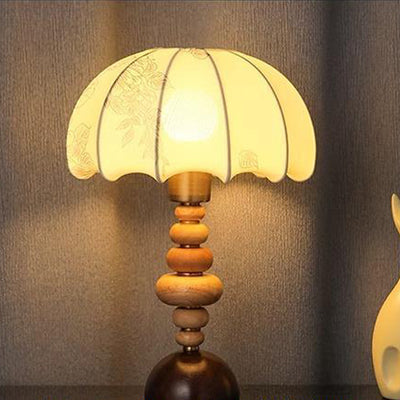 Traditional French Fabric Round Shade Solid Wood Column Base 1-Light Table Lamp For Home Office