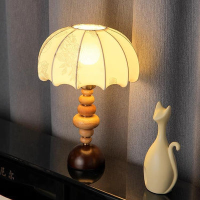 Traditional French Fabric Round Shade Solid Wood Column Base 1-Light Table Lamp For Home Office