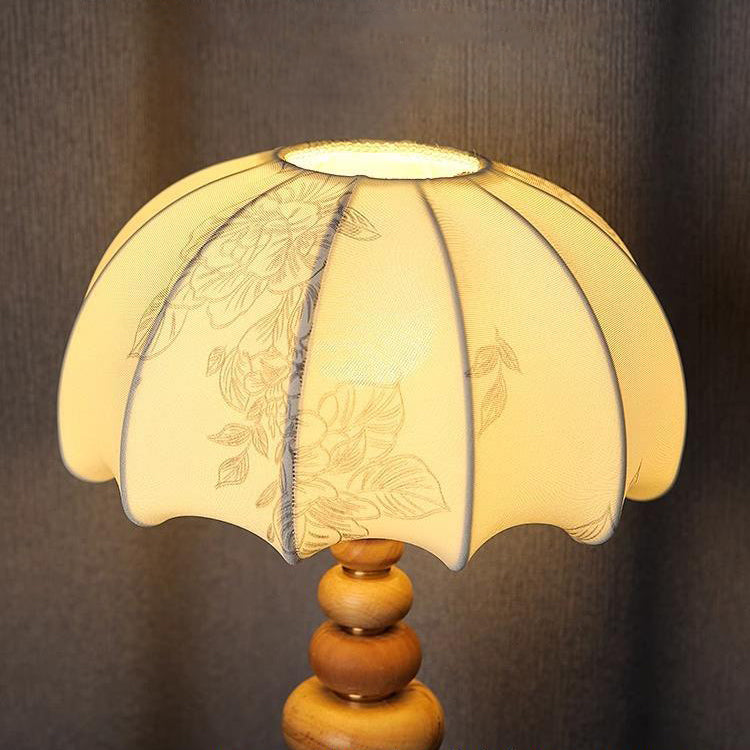 Traditional French Fabric Round Shade Solid Wood Column Base 1-Light Table Lamp For Home Office