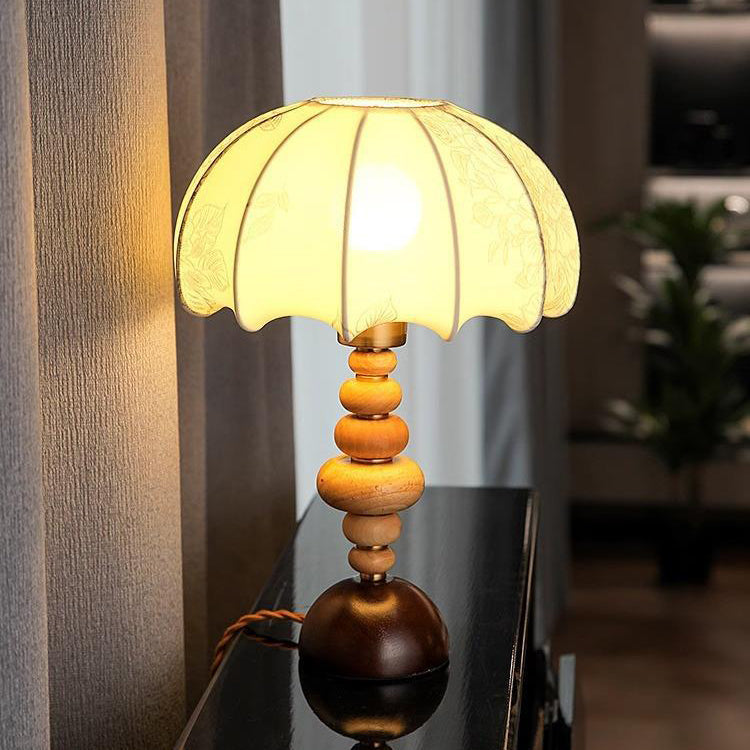 Traditional French Fabric Round Shade Solid Wood Column Base 1-Light Table Lamp For Home Office