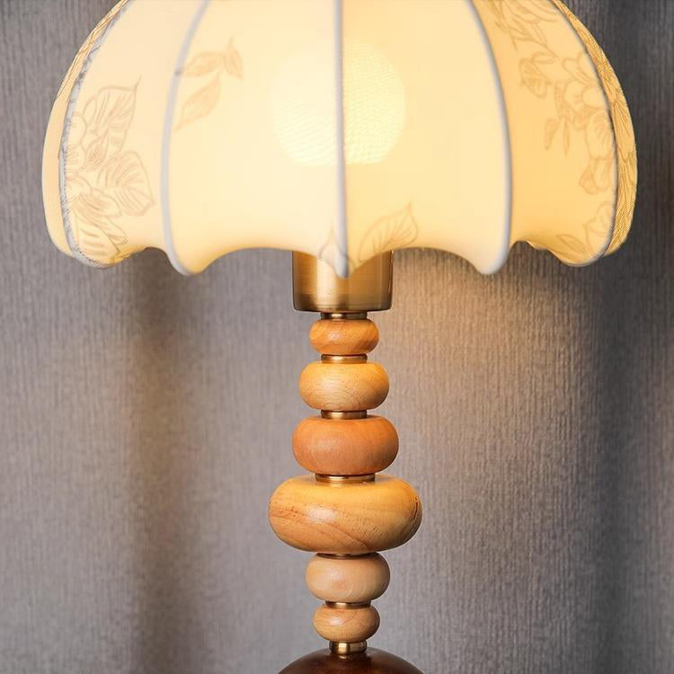 Traditional French Fabric Round Shade Solid Wood Column Base 1-Light Table Lamp For Home Office