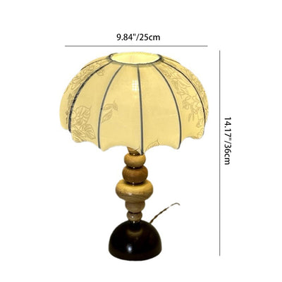 Traditional French Fabric Round Shade Solid Wood Column Base 1-Light Table Lamp For Home Office