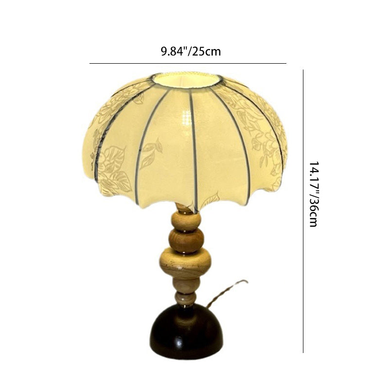 Traditional French Fabric Round Shade Solid Wood Column Base 1-Light Table Lamp For Home Office