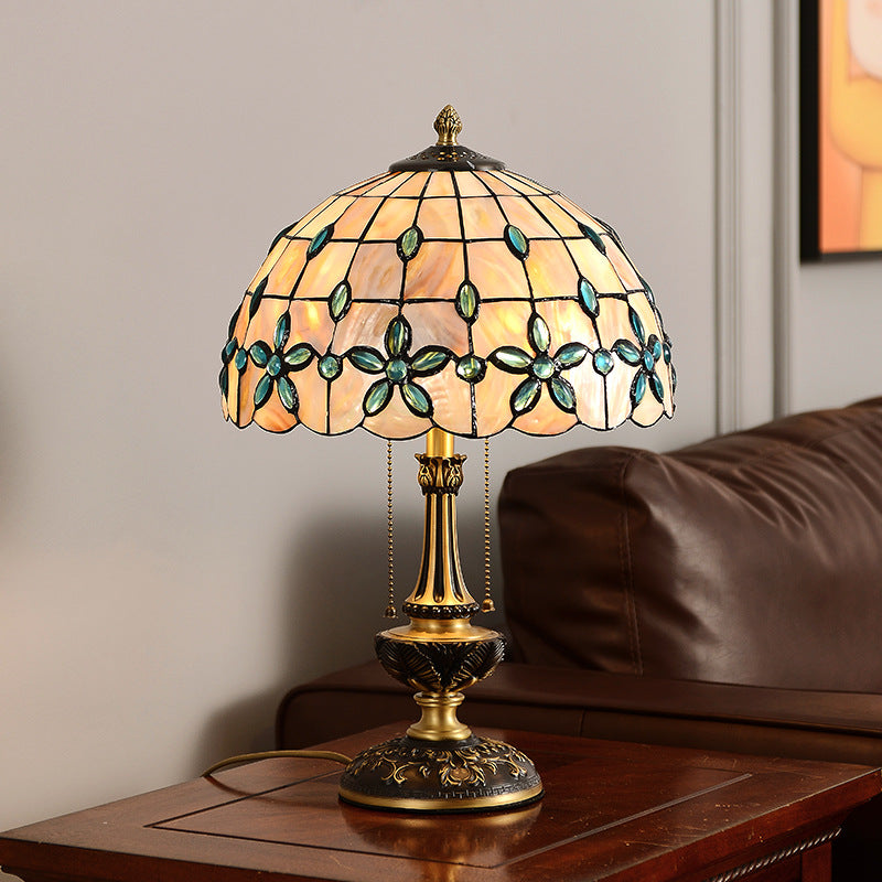 Contemporary Luxury Shell Dome Shade Full Copper Carved Base 2-Light Table Lamp For Home Office