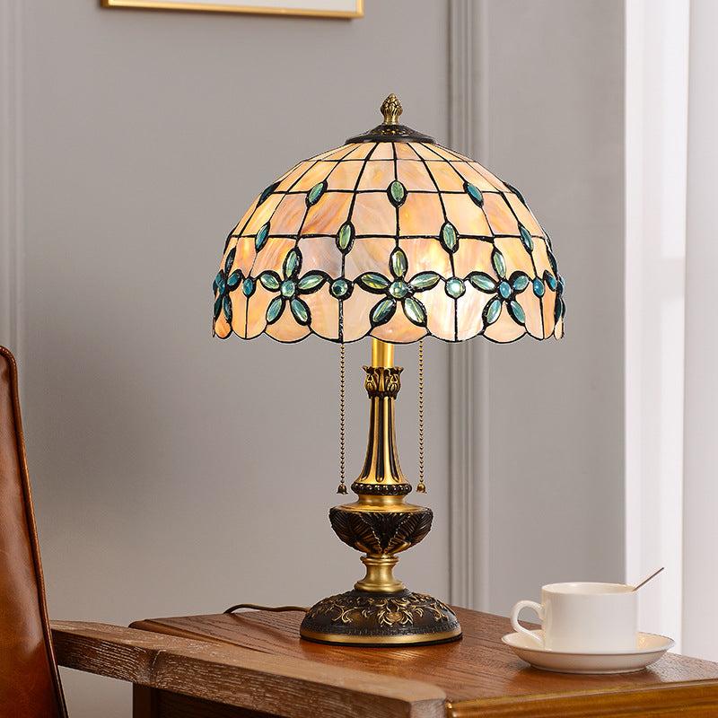 Contemporary Luxury Shell Dome Shade Full Copper Carved Base 2-Light Table Lamp For Home Office