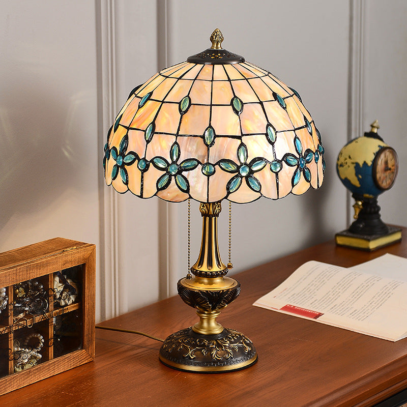 Contemporary Luxury Shell Dome Shade Full Copper Carved Base 2-Light Table Lamp For Home Office