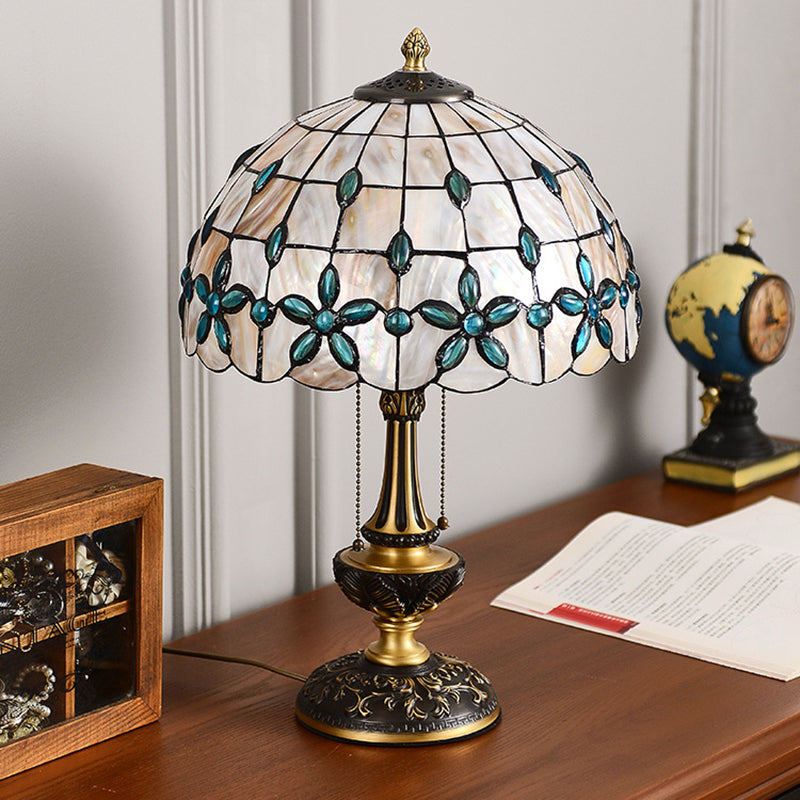 Contemporary Luxury Shell Dome Shade Full Copper Carved Base 2-Light Table Lamp For Home Office