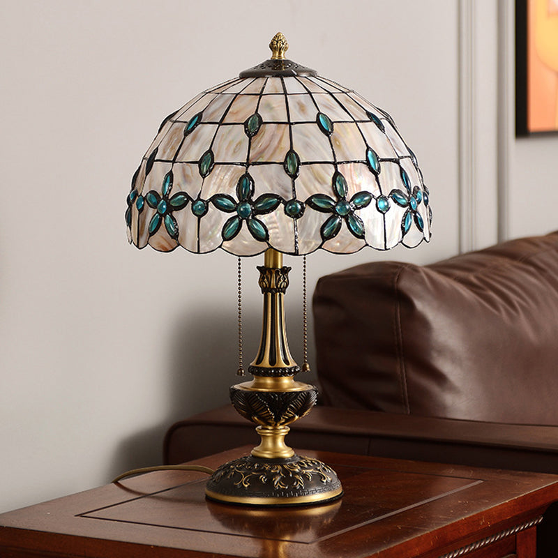 Contemporary Luxury Shell Dome Shade Full Copper Carved Base 2-Light Table Lamp For Home Office