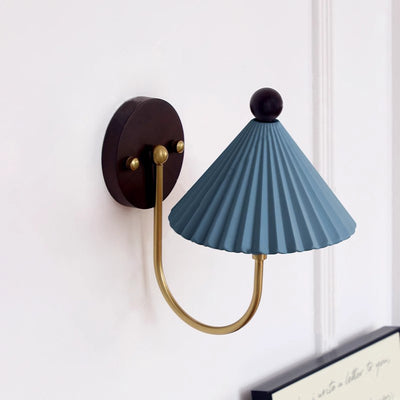 Contemporary Scandinavian Pleated Ceramic Conical Shade Solid Wood 1-Light Wall Sconce Lamp For Living Room