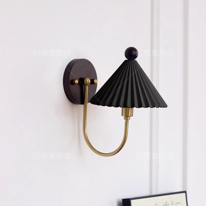 Contemporary Scandinavian Pleated Ceramic Conical Shade Solid Wood 1-Light Wall Sconce Lamp For Living Room