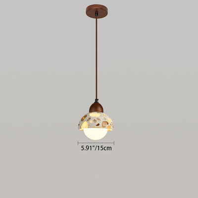 Traditional Japanese Spherical Terrazzo Shade Wood 1-Light Pendant Light For Living Room