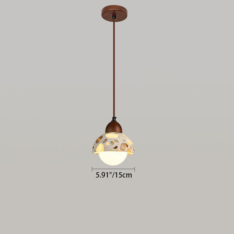 Traditional Japanese Spherical Terrazzo Shade Wood 1-Light Pendant Light For Living Room