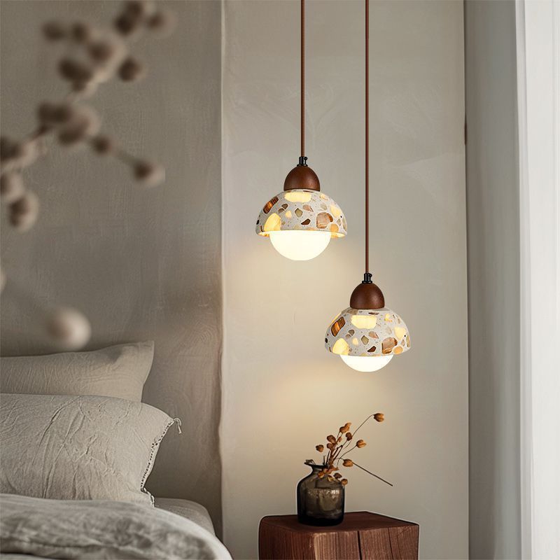 Traditional Japanese Spherical Terrazzo Shade Wood 1-Light Pendant Light For Living Room