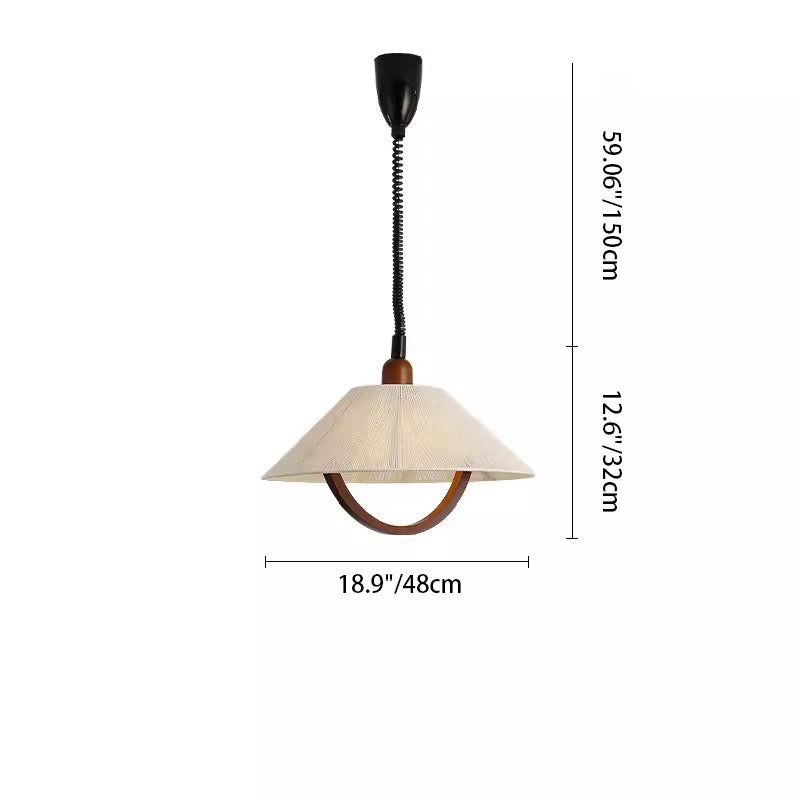 Traditional French Braided Cotton Thread Conical Shade Arc Wood Frame 1-Light Pendant Light For Living Room