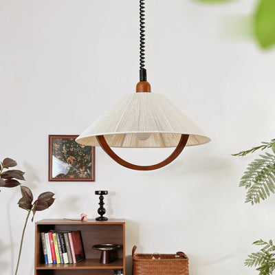 Traditional French Braided Cotton Thread Conical Shade Arc Wood Frame 1-Light Pendant Light For Living Room