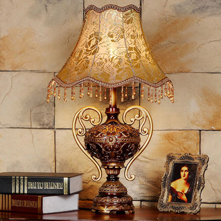 Traditional European Palace Lace Fabric Tassel Shade Carved Resin Base 1-Light Table Lamp For Study