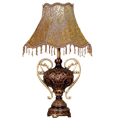 Traditional European Palace Lace Fabric Tassel Shade Carved Resin Base 1-Light Table Lamp For Study