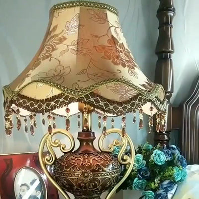 Traditional European Palace Lace Fabric Tassel Shade Carved Resin Base 1-Light Table Lamp For Study