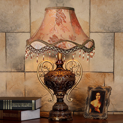 Traditional European Palace Lace Fabric Tassel Shade Carved Resin Base 1-Light Table Lamp For Study