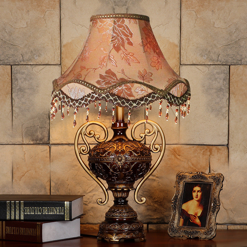 Traditional European Palace Lace Fabric Tassel Shade Carved Resin Base 1-Light Table Lamp For Study