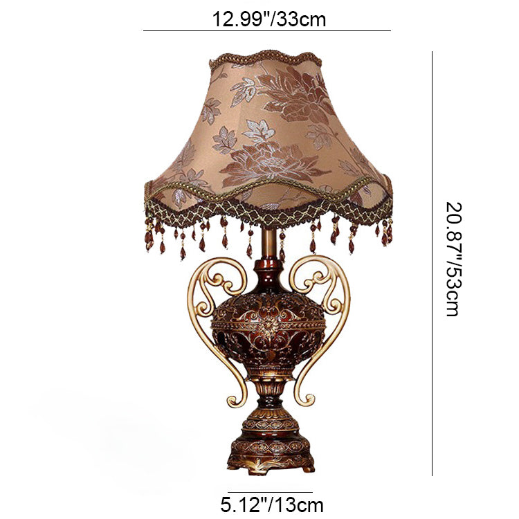 Traditional European Palace Lace Fabric Tassel Shade Carved Resin Base 1-Light Table Lamp For Study