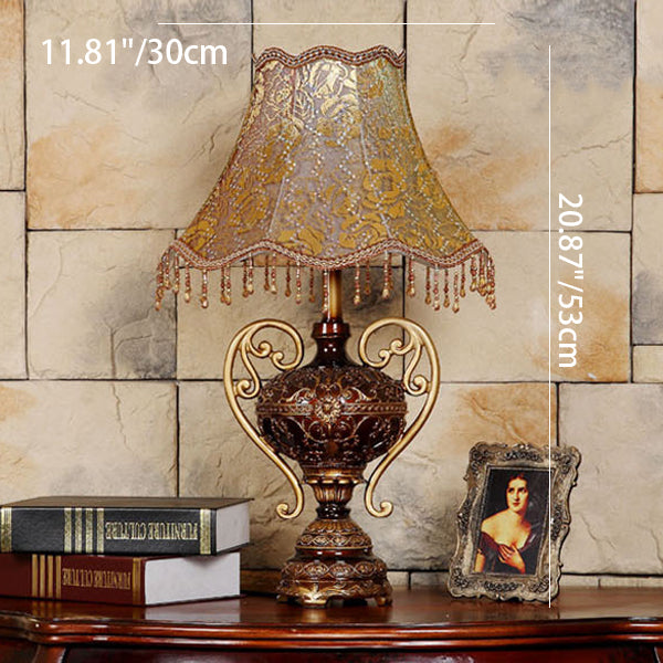 Traditional European Palace Lace Fabric Tassel Shade Carved Resin Base 1-Light Table Lamp For Study