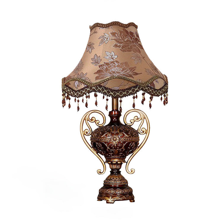 Traditional European Palace Lace Fabric Tassel Shade Carved Resin Base 1-Light Table Lamp For Study