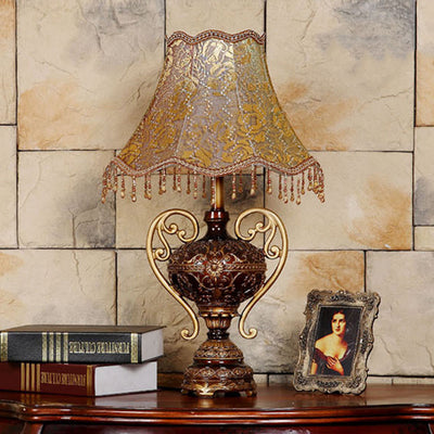 Traditional European Palace Lace Fabric Tassel Shade Carved Resin Base 1-Light Table Lamp For Study