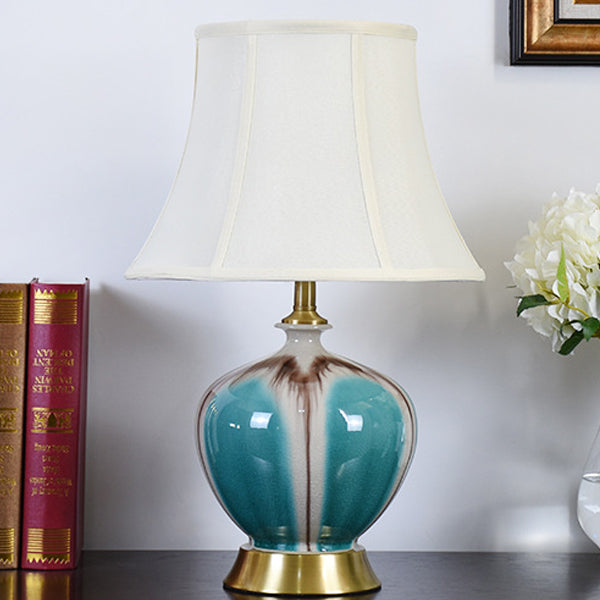 Traditional Chinese Pleated Fabric Shade Ceramic Vase Base 1-Light Table Lamp For Study