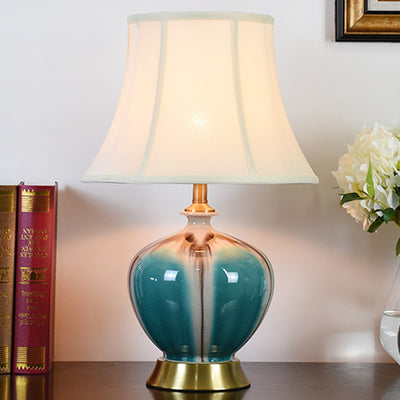 Traditional Chinese Pleated Fabric Shade Ceramic Vase Base 1-Light Table Lamp For Study