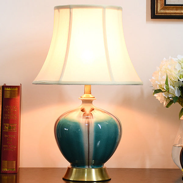 Traditional Chinese Pleated Fabric Shade Ceramic Vase Base 1-Light Table Lamp For Study