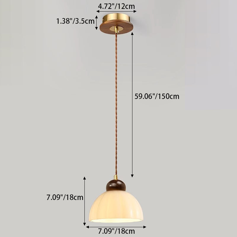 Zeitgenössische nordische geometrische runde Glasschirm-Walnuss-Holz 1-Licht-Pendelleuchte für das Schlafzimmer 