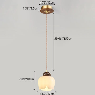 Zeitgenössische nordische geometrische runde Glasschirm-Walnuss-Holz 1-Licht-Pendelleuchte für das Schlafzimmer 