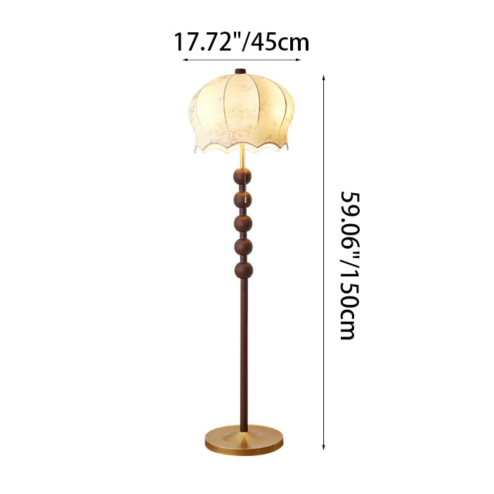 Traditional Vintage Flower Pattern Fabric Shade Wood Iron Rod 3-Light Standing Floor Lamp For Study