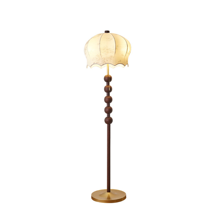 Traditional Vintage Flower Pattern Fabric Shade Wood Iron Rod 3-Light Standing Floor Lamp For Study