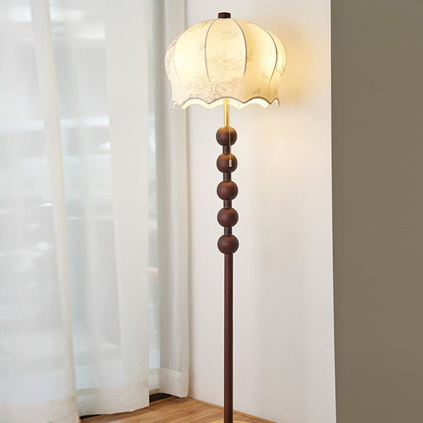 Traditional Vintage Flower Pattern Fabric Shade Wood Iron Rod 3-Light Standing Floor Lamp For Study