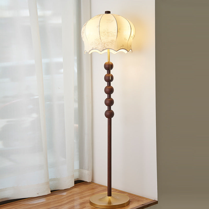 Traditional Vintage Flower Pattern Fabric Shade Wood Iron Rod 3-Light Standing Floor Lamp For Study