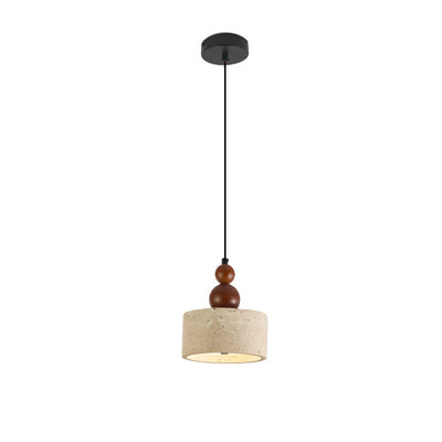 Traditional Japanese Travertine Cylinder Shade Solid Wood LED Pendant Light For Living Room