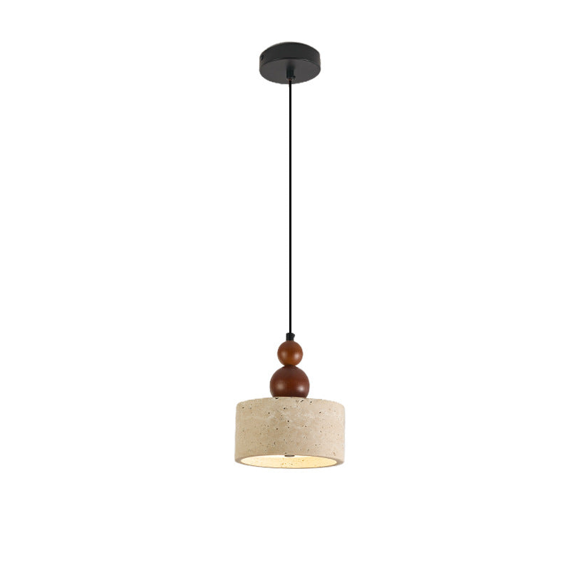 Traditional Japanese Travertine Cylinder Shade Solid Wood LED Pendant Light For Living Room