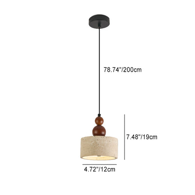 Traditional Japanese Travertine Cylinder Shade Solid Wood LED Pendant Light For Living Room