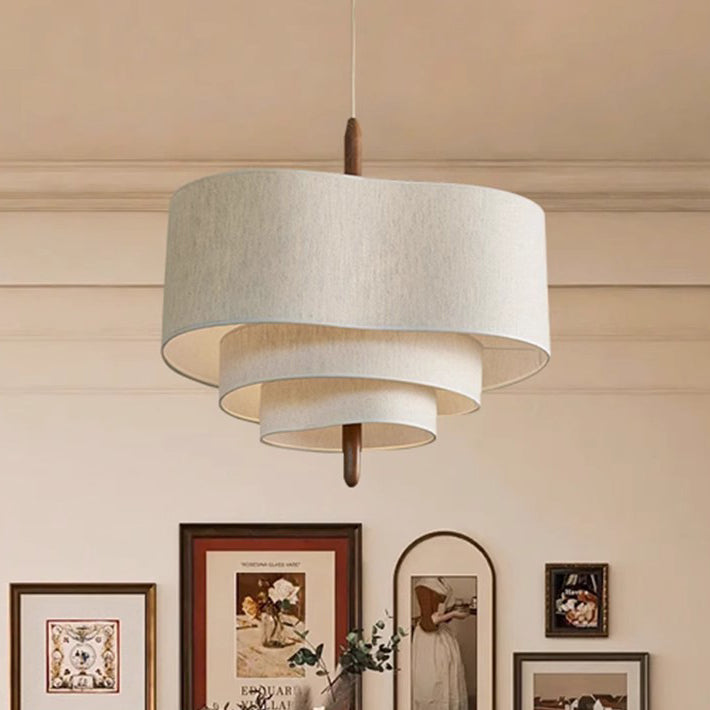 Traditional French Corrugated Fabric Shade Solid Wood 1-Light Pendant Light For Living Room