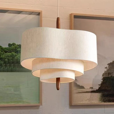 Traditional French Corrugated Fabric Shade Solid Wood 1-Light Pendant Light For Living Room