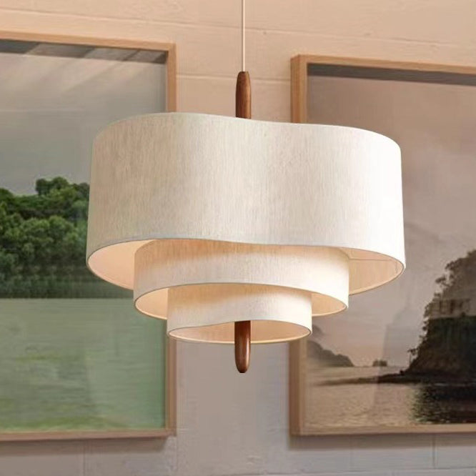 Traditional French Corrugated Fabric Shade Solid Wood 1-Light Pendant Light For Living Room