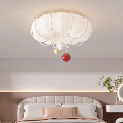 Contemporary Nordic Cream Pumpkin PE Shade Iron Ball LED Flush Mount Ceiling Light For Bedroom