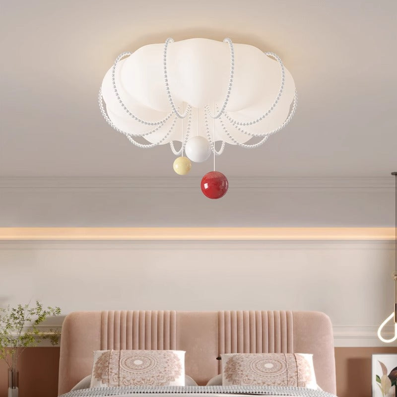 Contemporary Nordic Cream Pumpkin PE Shade Iron Ball LED Flush Mount Ceiling Light For Bedroom