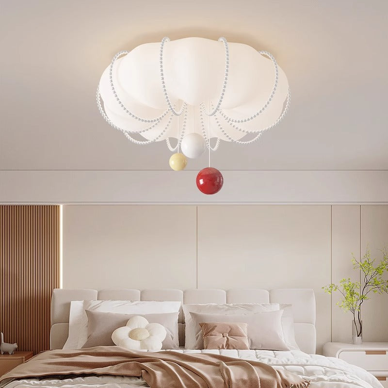 Contemporary Nordic Cream Pumpkin PE Shade Iron Ball LED Flush Mount Ceiling Light For Bedroom