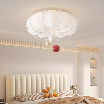 Contemporary Nordic Cream Pumpkin PE Shade Iron Ball LED Flush Mount Ceiling Light For Bedroom